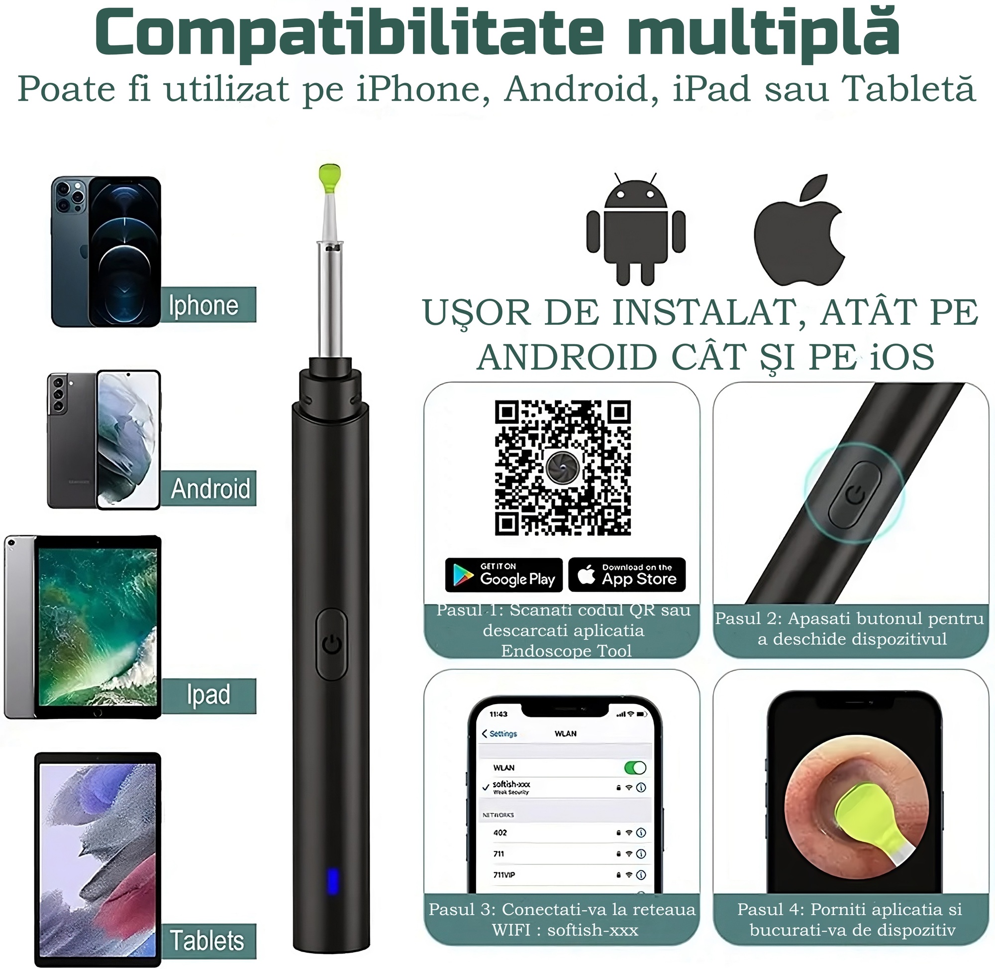 Otoscop cu cameră UltraHD, WiFi, curățare urechi, IP67 - imagine 13