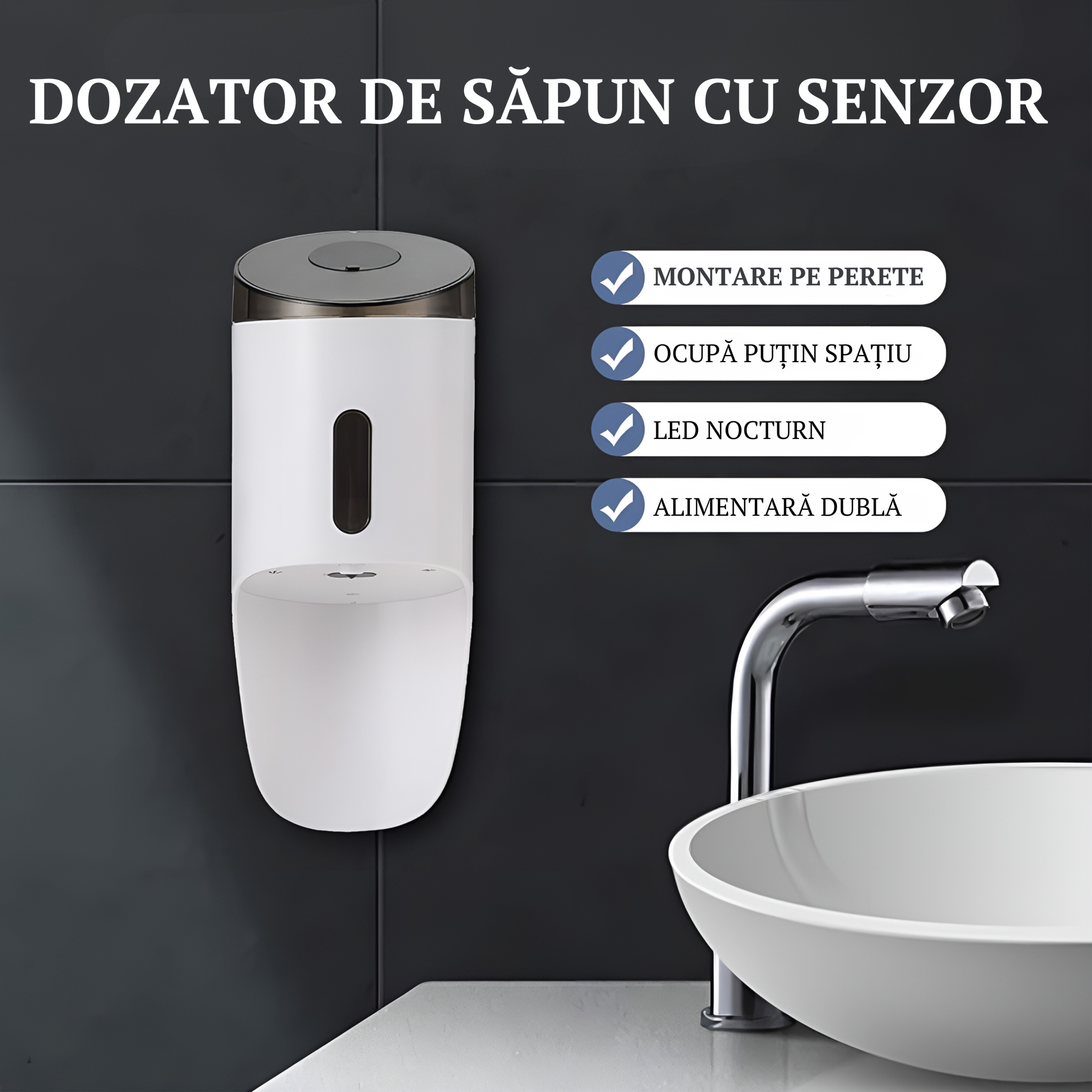 Dozator automat săpun lichid, touchless, perete, 750 ml, alb – ZEQAS - imagine 3