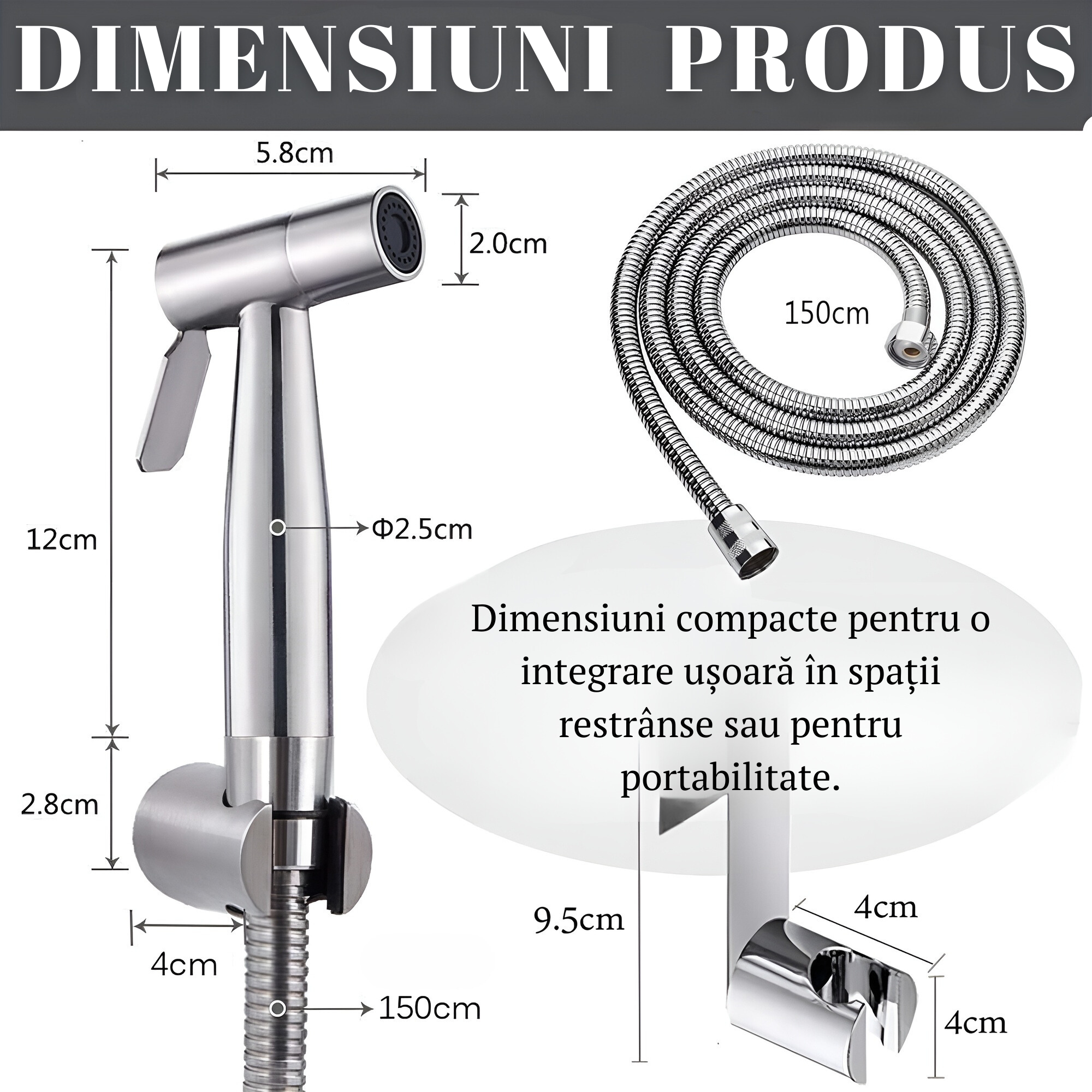 Set duș igienic WC, oțel inoxidabil, furtun 1,5 m – ZEQAS - imagine 7