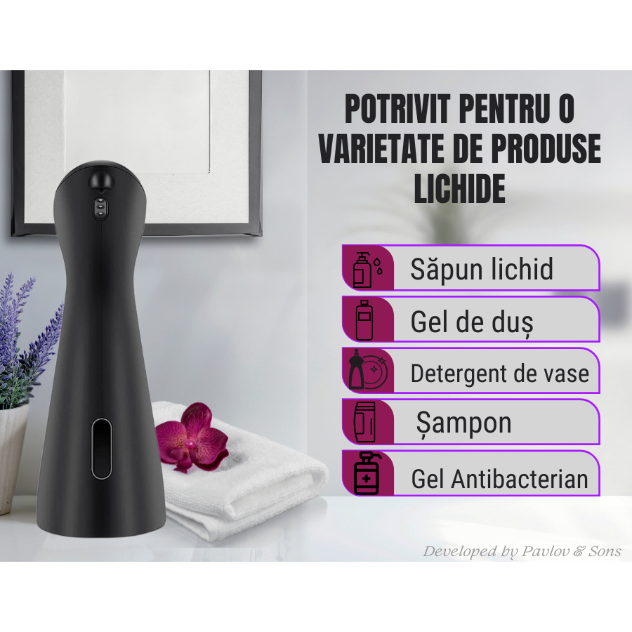 Dozator automat săpun lichid, touchless, 200 ml, negru – ZEQAS - imagine 3