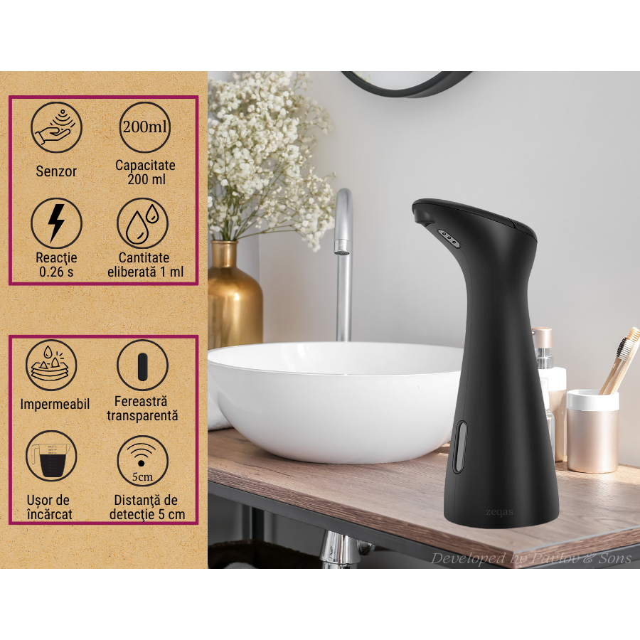 Dozator automat săpun lichid, touchless, 200 ml, negru – ZEQAS - imagine 4