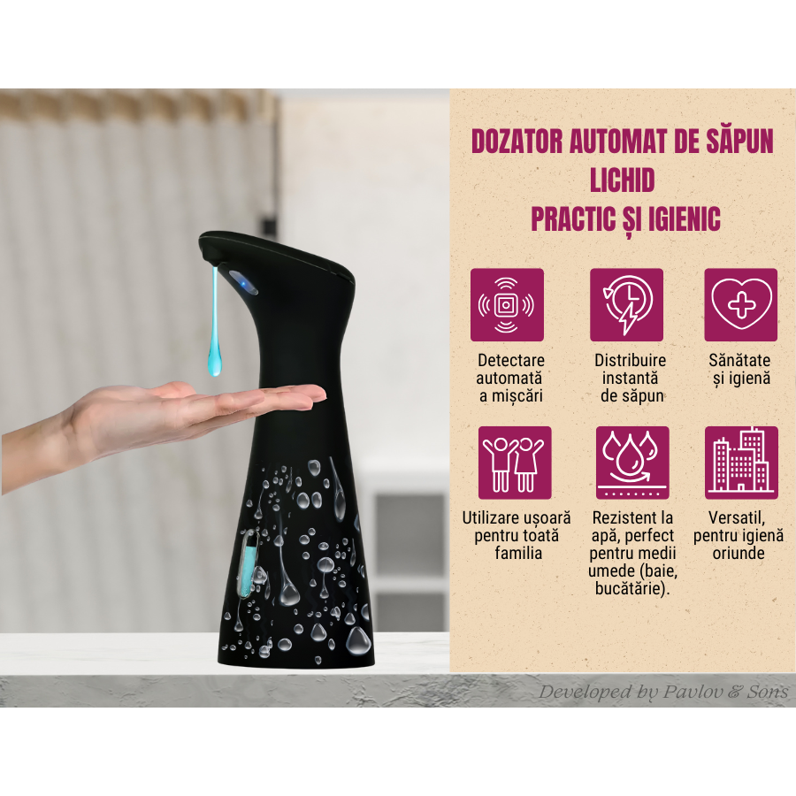 Dozator automat săpun lichid, touchless, 200 ml, negru – ZEQAS - imagine 5