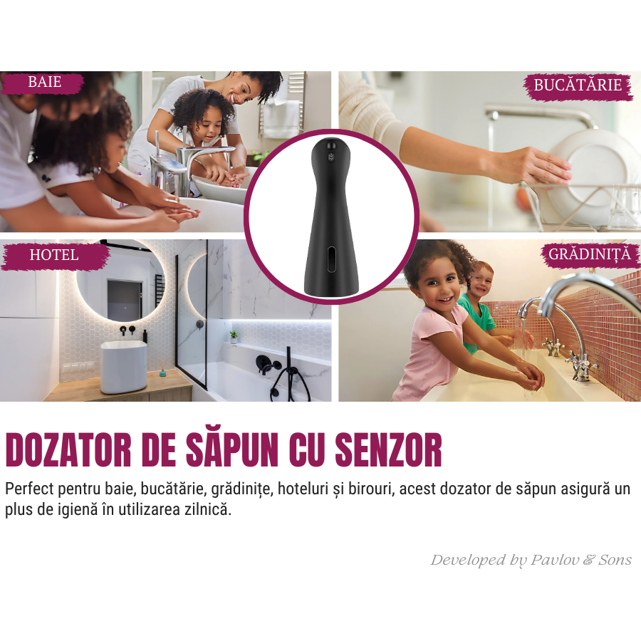 Dozator automat săpun lichid, touchless, 200 ml, negru – ZEQAS - imagine 7