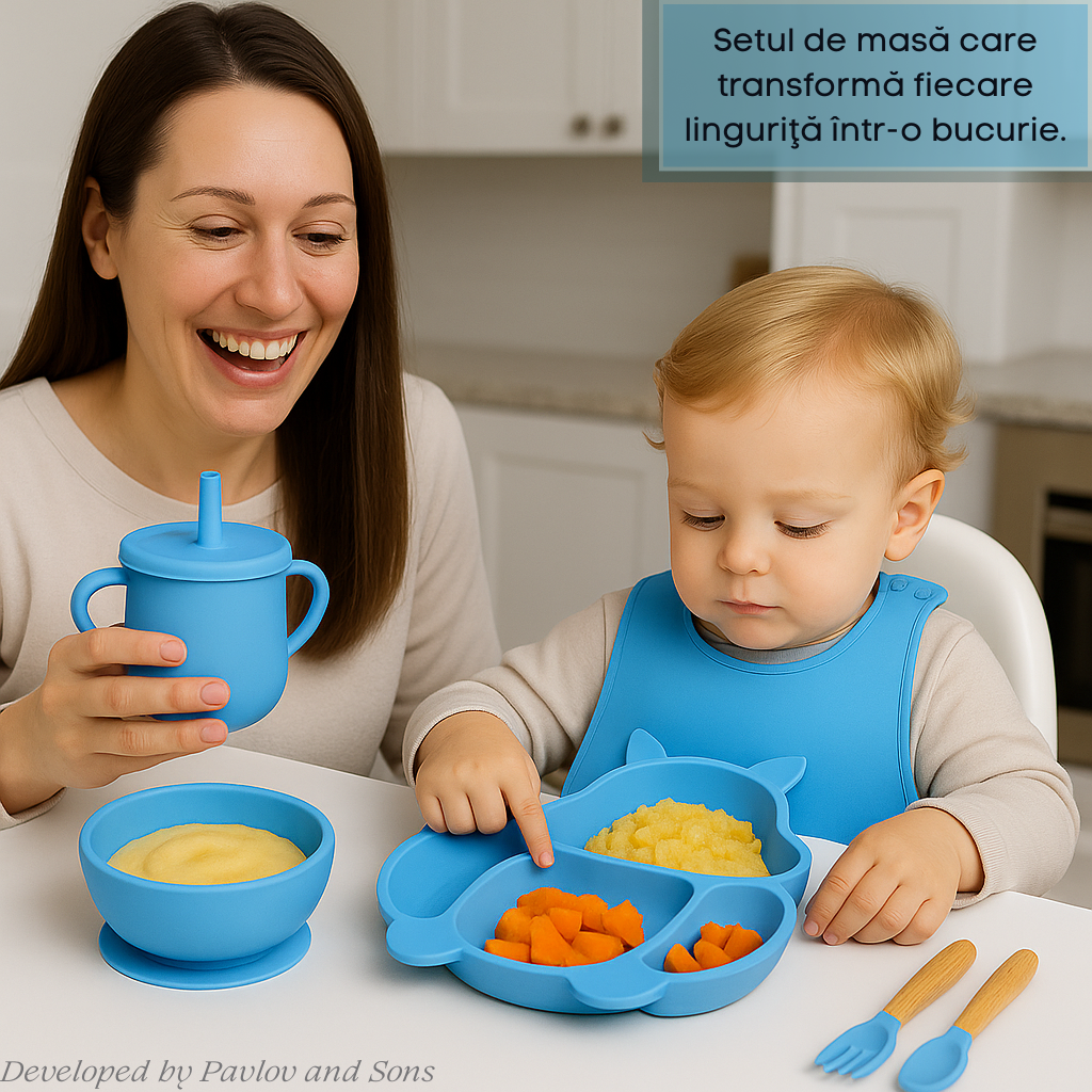 Set hrănire bebeluși ZEQAS, 6 luni+, 9 piese, silicon BPA free, albastru - imagine 2