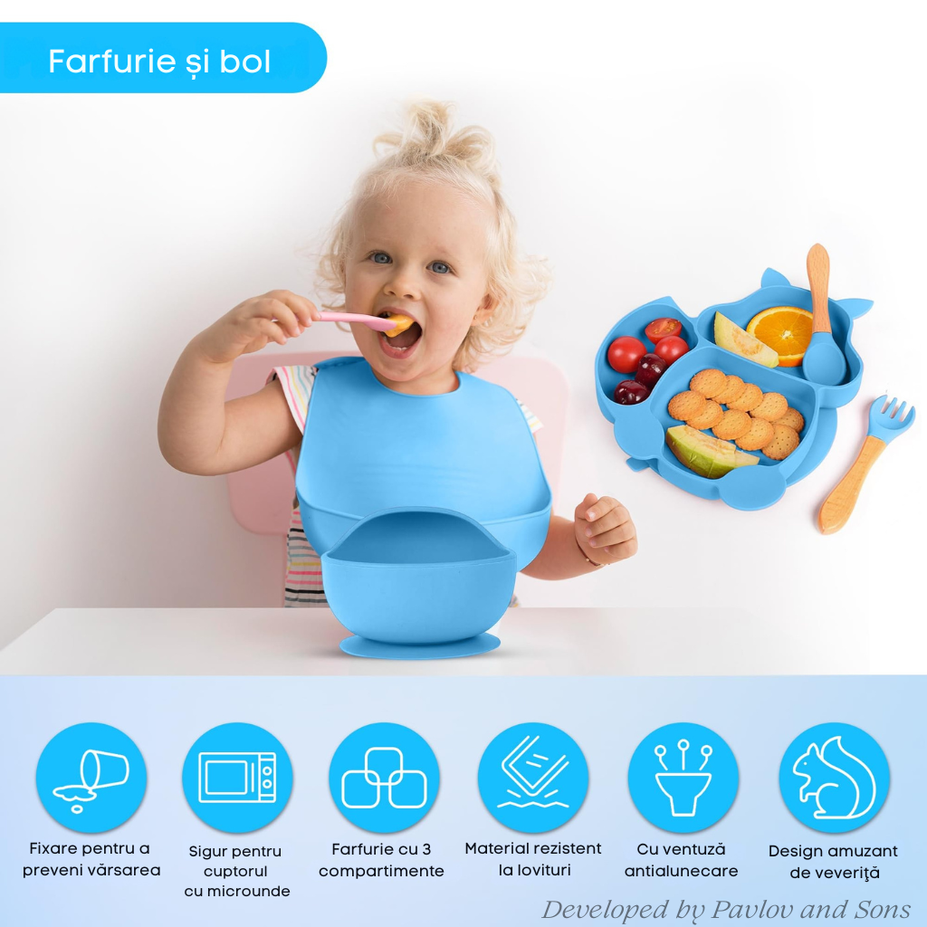 Set hrănire bebeluși ZEQAS, 6 luni+, 9 piese, silicon BPA free, albastru - imagine 3