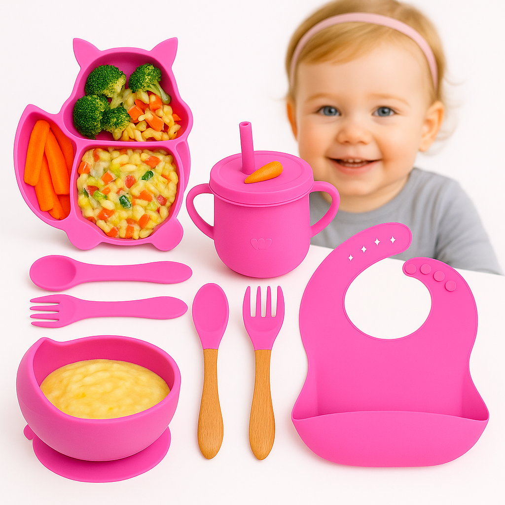 Set hrănire bebeluși ZEQAS, 6 luni+, 9 piese, silicon BPA free, roz