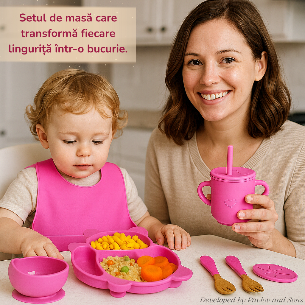 Set hrănire bebeluși ZEQAS, 6 luni+, 9 piese, silicon BPA free, roz - imagine 2