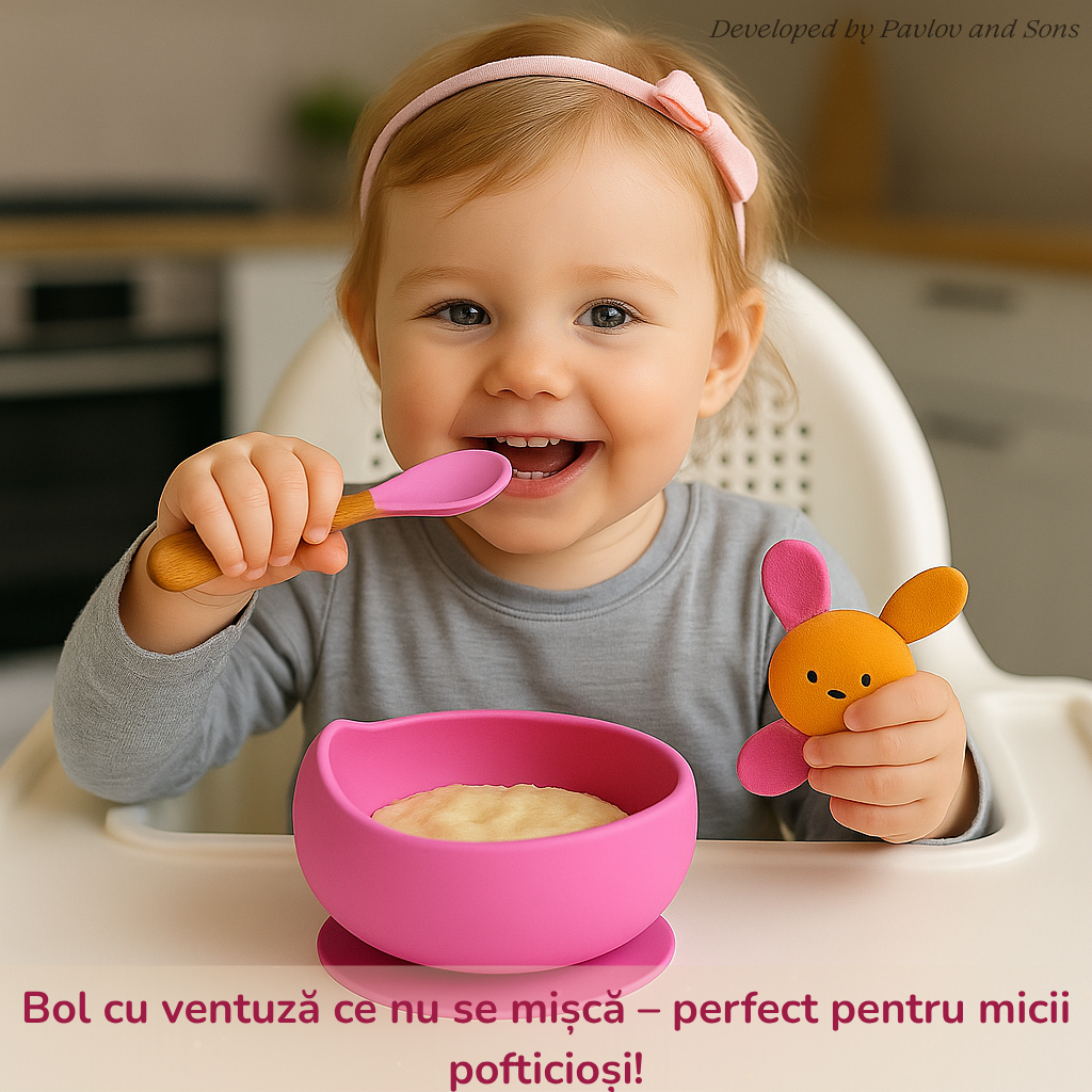 Set hrănire bebeluși ZEQAS, 6 luni+, 9 piese, silicon BPA free, roz - imagine 3