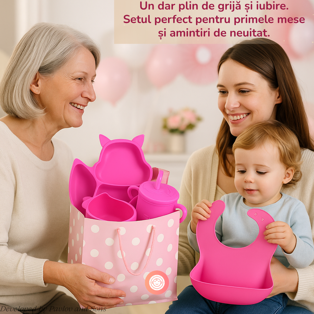 Set hrănire bebeluși ZEQAS, 6 luni+, 9 piese, silicon BPA free, roz - imagine 5