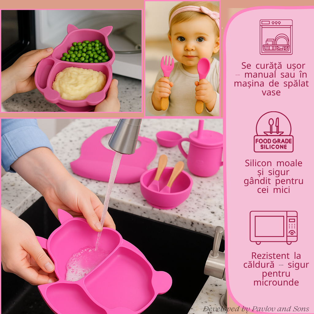 Set hrănire bebeluși ZEQAS, 6 luni+, 9 piese, silicon BPA free, roz - imagine 7