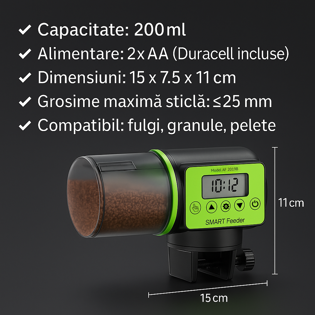 Hrănitor automat acvariu smart, 200 ml, LCD, temporizator, negru – ZEQAS - imagine 6