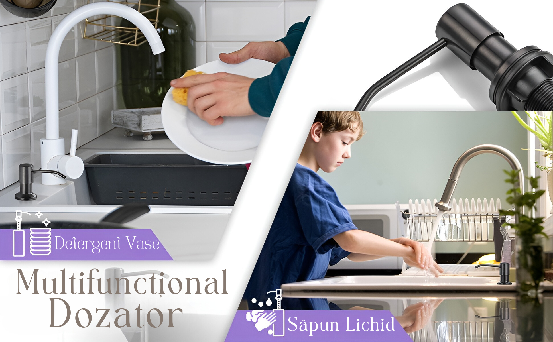 Dozator încorporat săpun/detergent lichid, inox, negru – ZEQAS - imagine 2