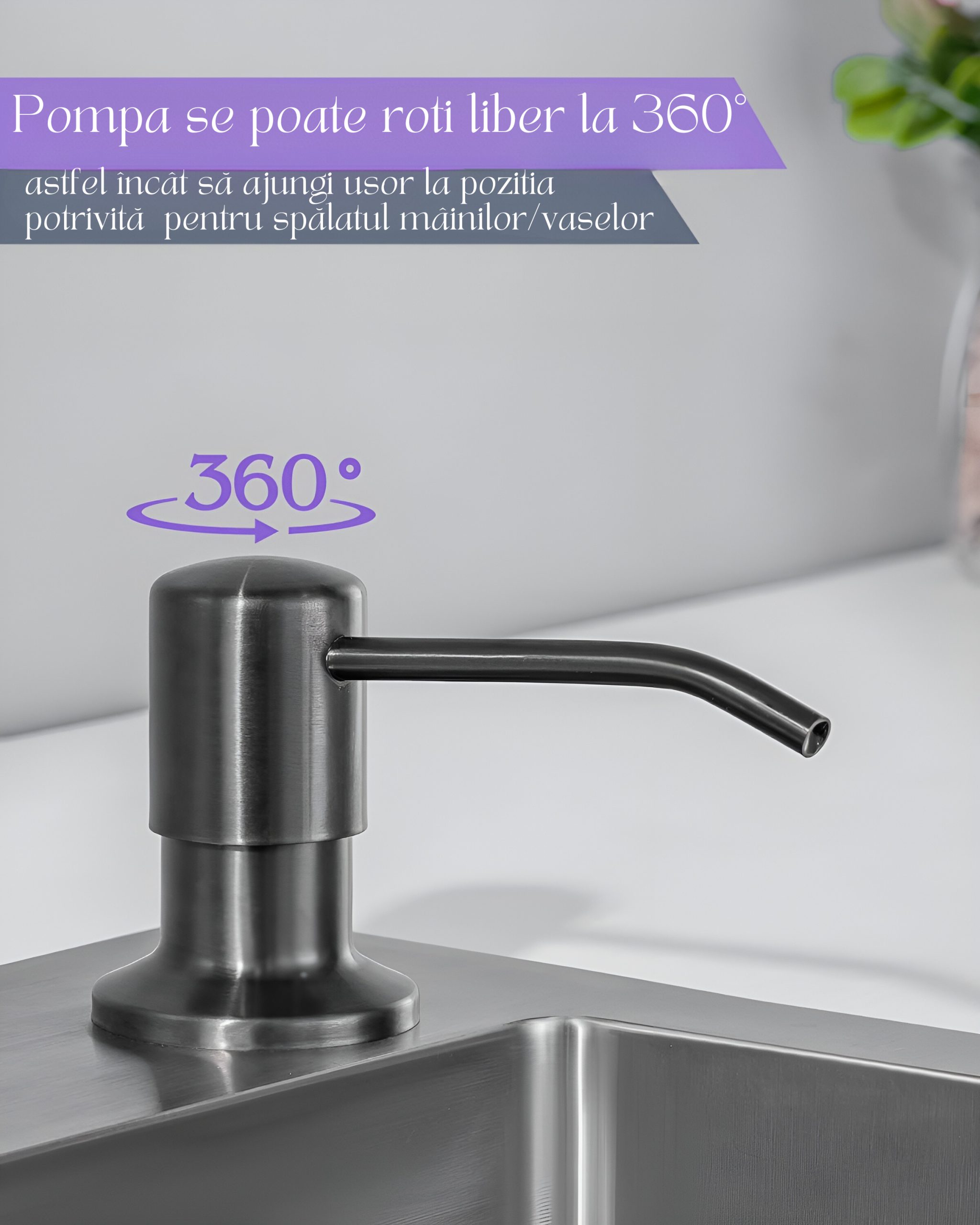 Dozator încorporat săpun/detergent lichid, inox, negru – ZEQAS - imagine 4