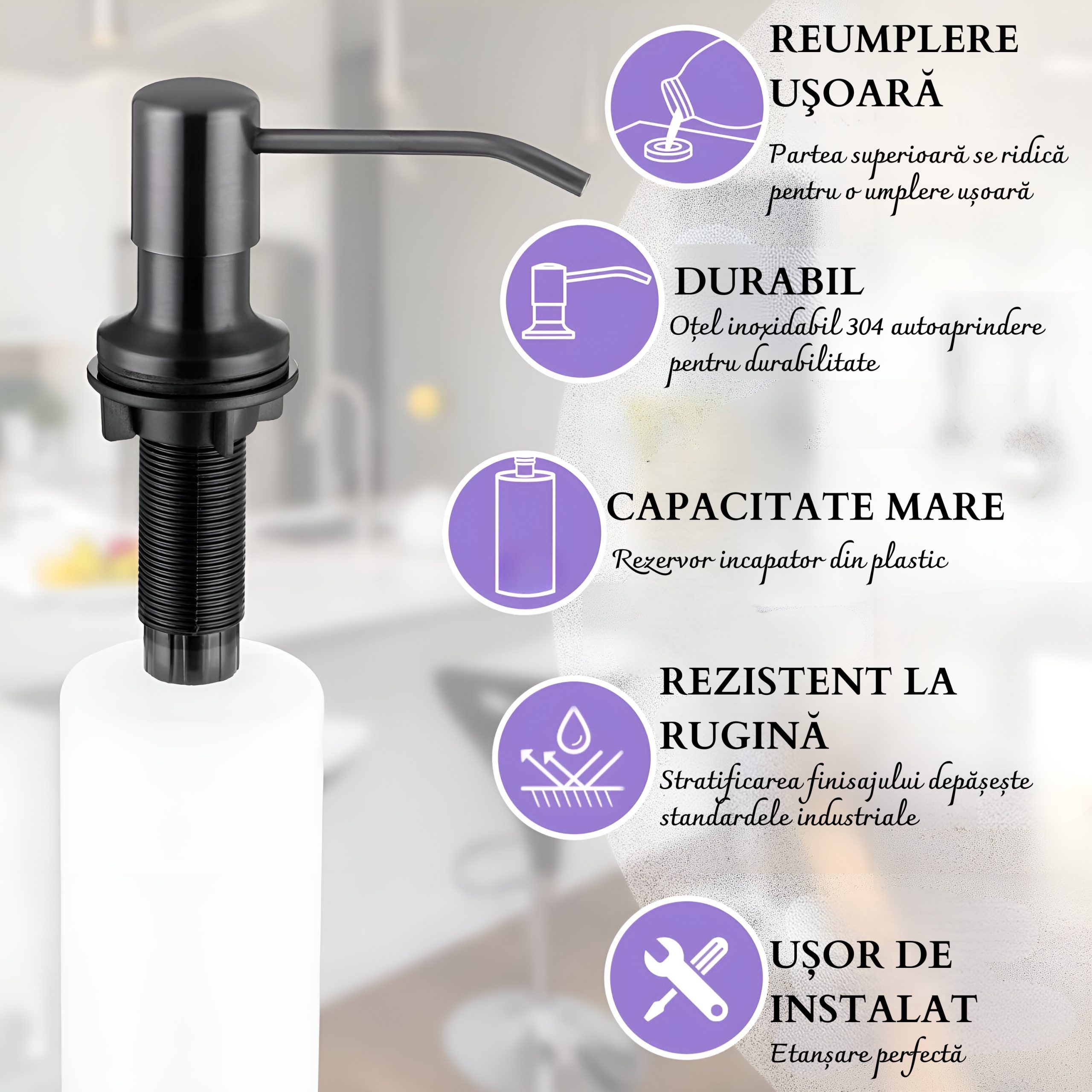 Dozator încorporat săpun/detergent lichid, inox, negru – ZEQAS - imagine 6