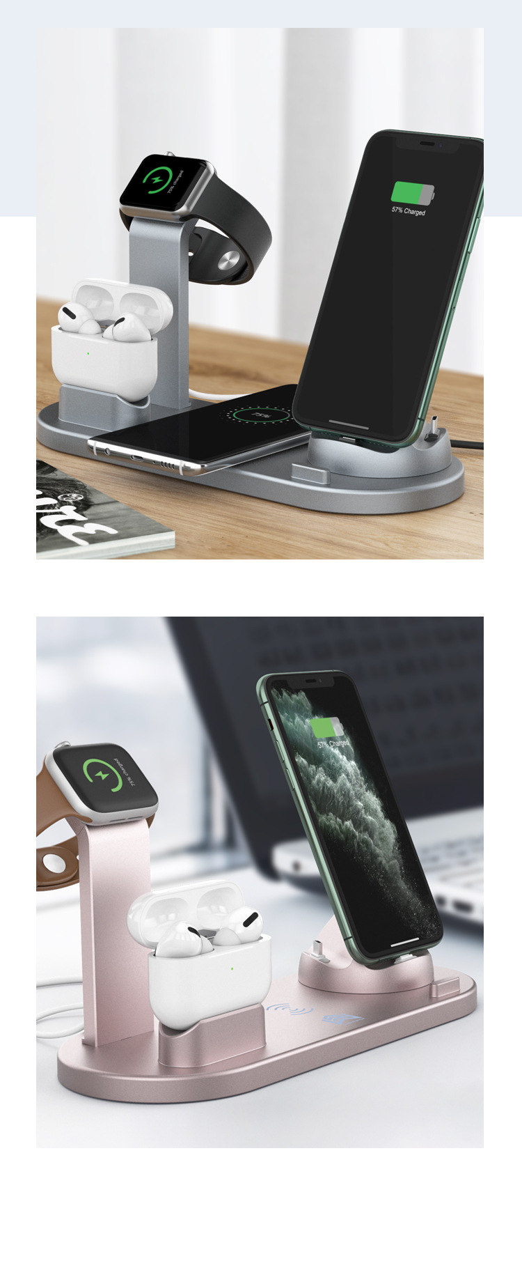 Încărcător wireless 4 în 1, 10W, telefon, ceas, căști, roz – ZEQAS - imagine 8