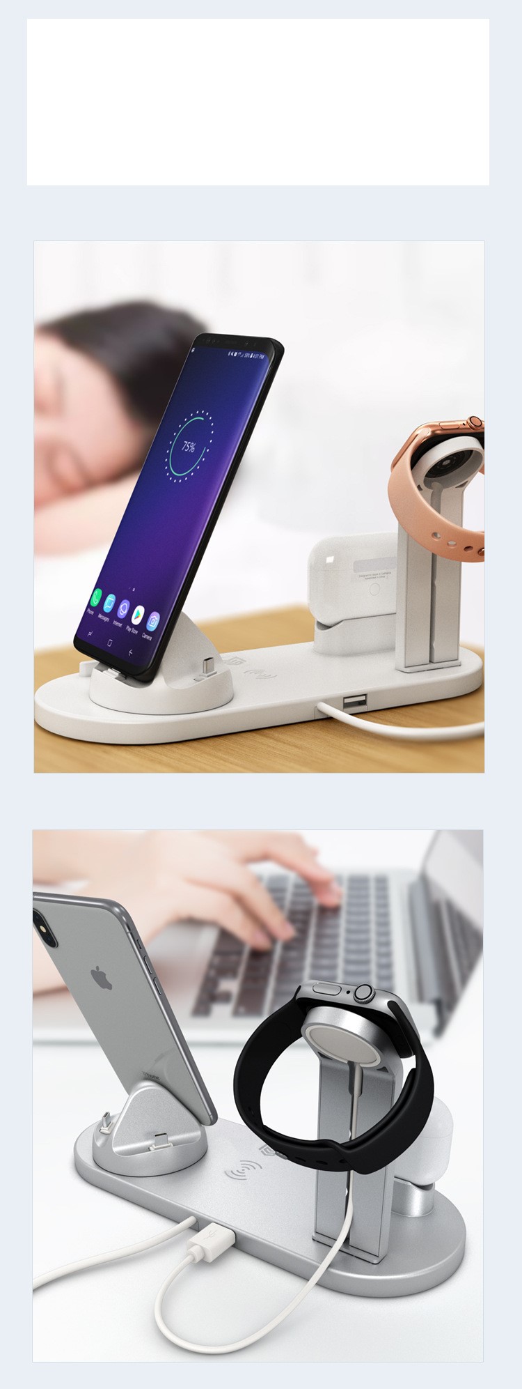 Încărcător wireless 4 în 1, 10W, telefon, ceas, căști, roz – ZEQAS - imagine 9