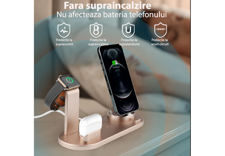 Încărcător wireless 4 în 1, 10W, telefon, ceas, căști, roz – ZEQAS - imagine 2