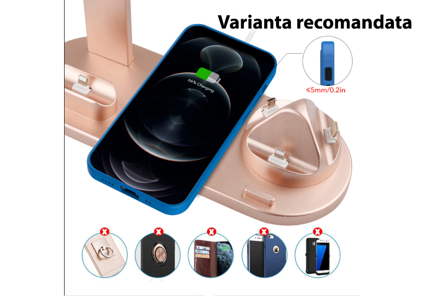 Încărcător wireless 4 în 1, 10W, telefon, ceas, căști, roz – ZEQAS - imagine 3