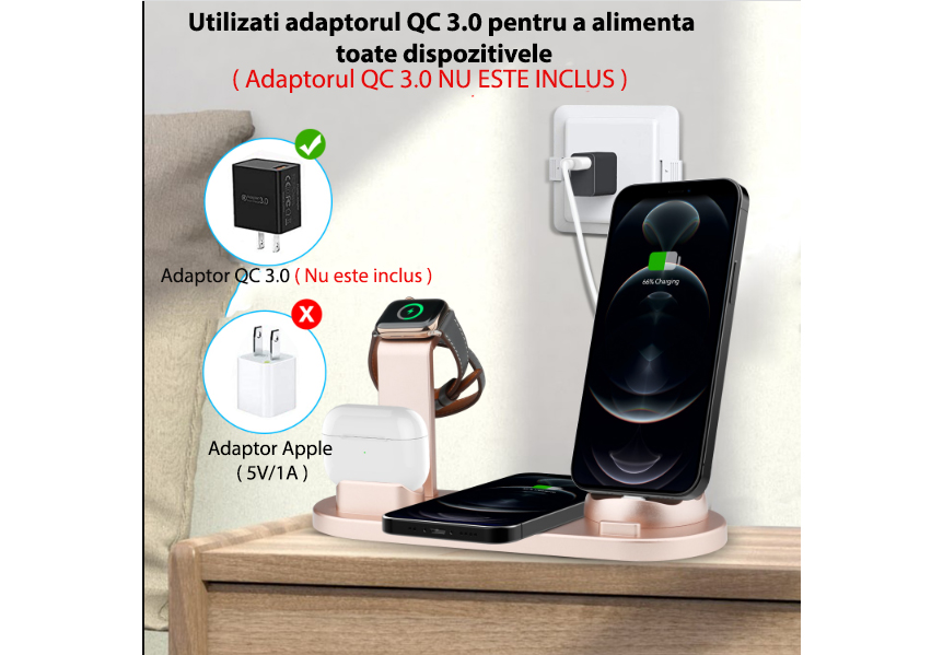 Încărcător wireless 4 în 1, 10W, telefon, ceas, căști, roz – ZEQAS - imagine 4