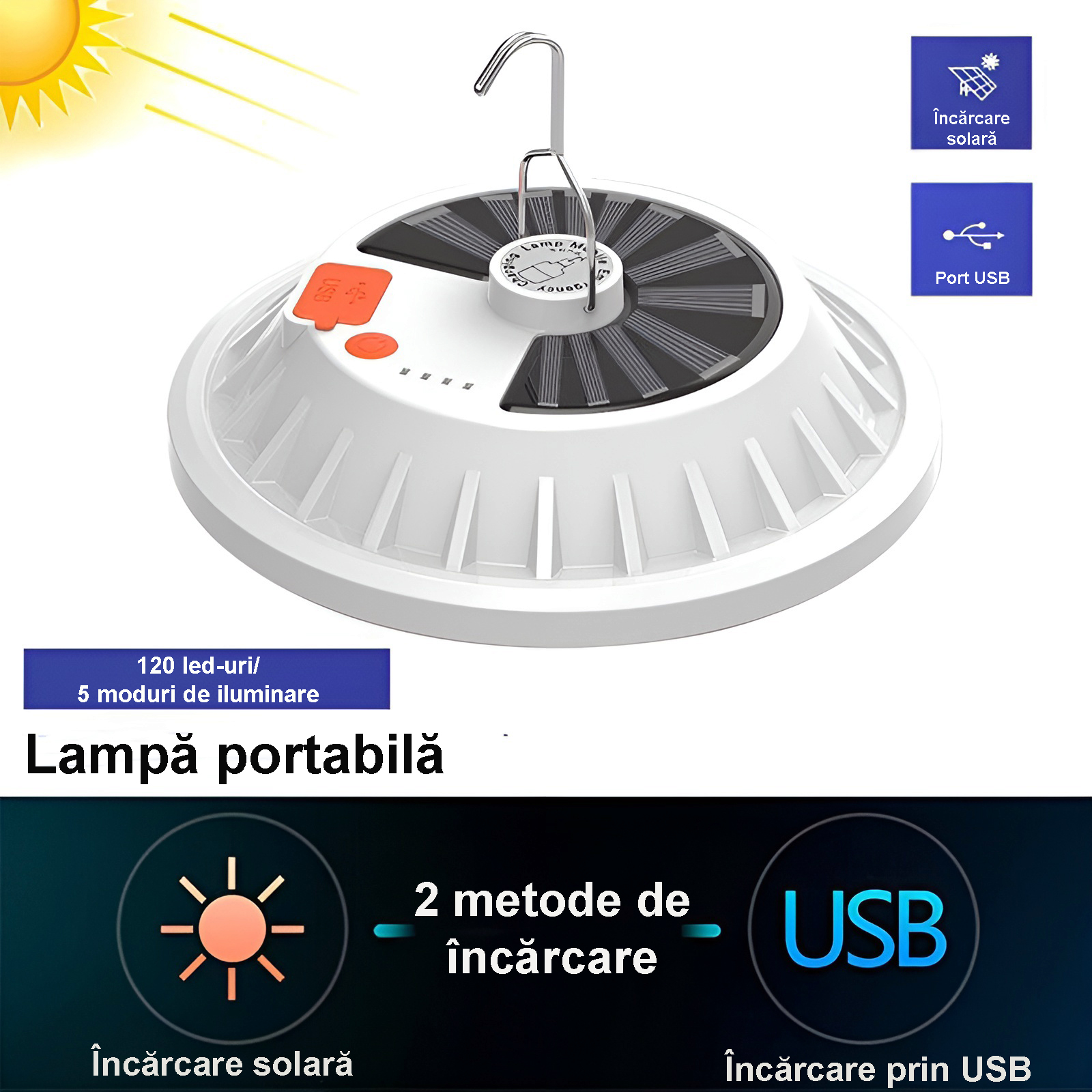 Lampă camping multifuncțională LED, solară/USB, telecomandă, albă – ZEQAS - imagine 3