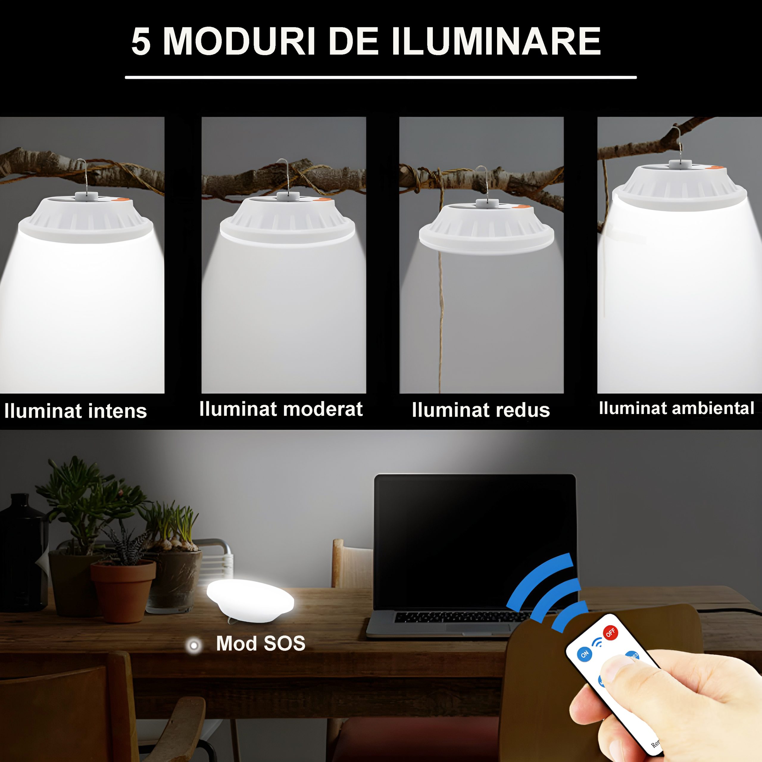 Lampă camping multifuncțională LED, solară/USB, telecomandă, albă – ZEQAS - imagine 4