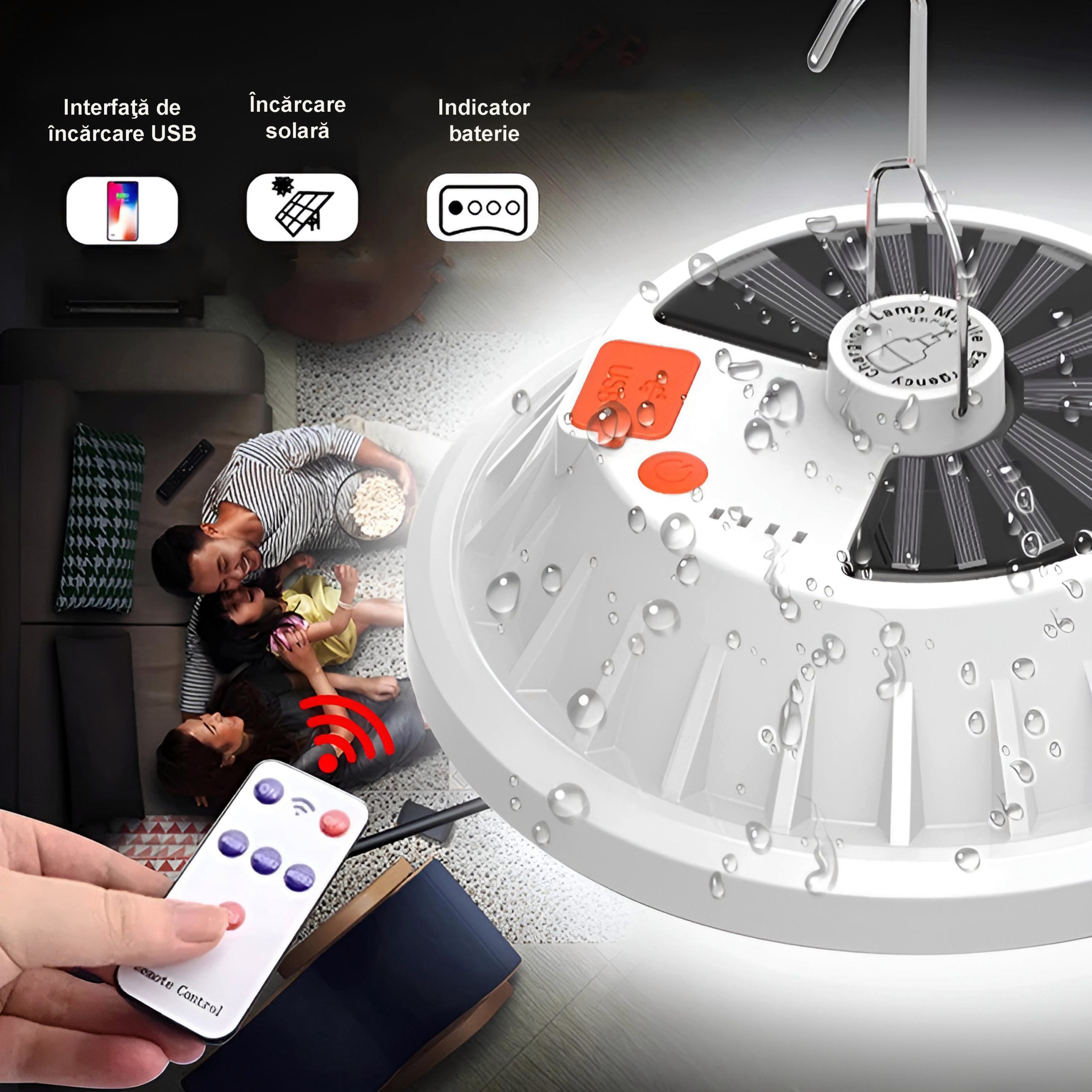 Lampă camping multifuncțională LED, solară/USB, telecomandă, albă – ZEQAS - imagine 6