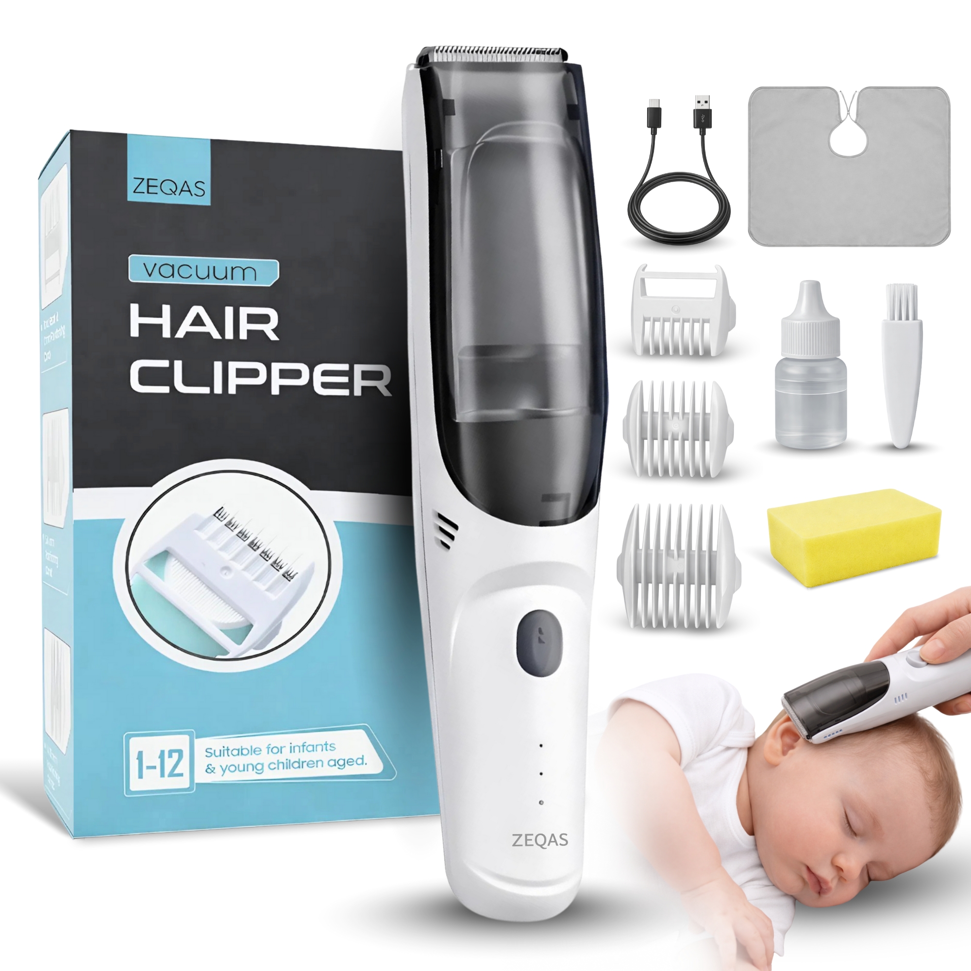 Aparat tuns silențios bebeluși/copii/adulți, USB, alb – ZEQAS
