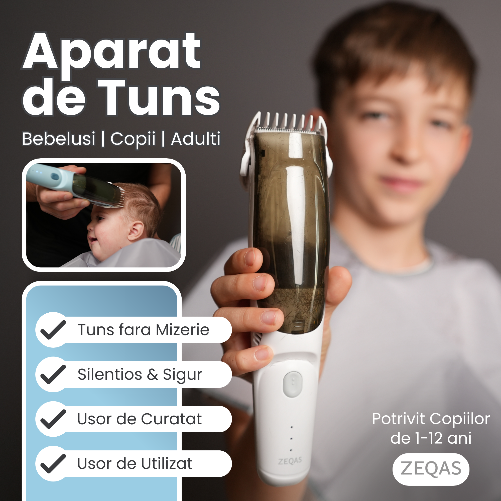 Aparat tuns silențios bebeluși/copii/adulți, USB, albastru – ZEQAS - imagine 2
